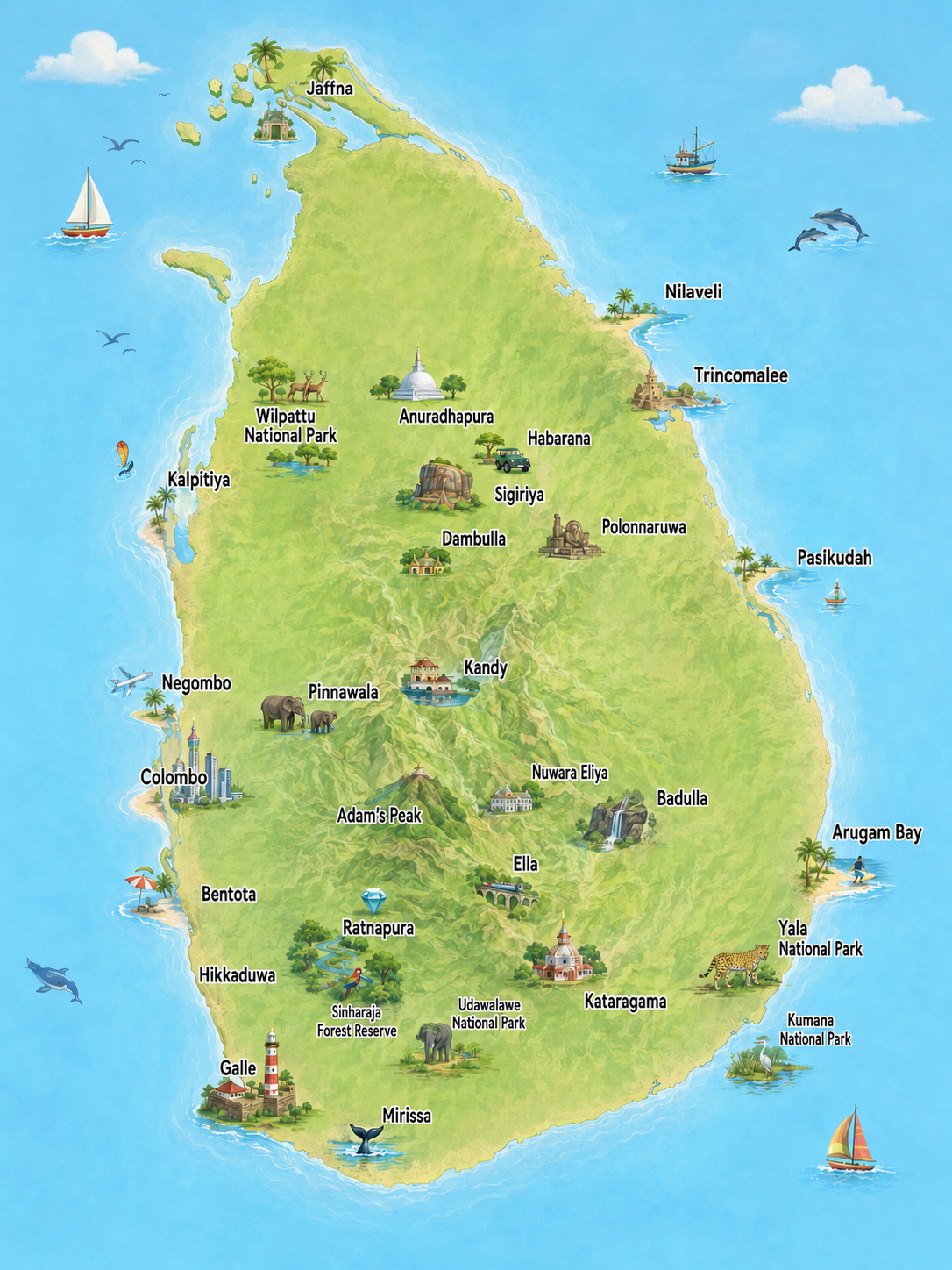 Illustrated map of Sri Lanka showing destinations